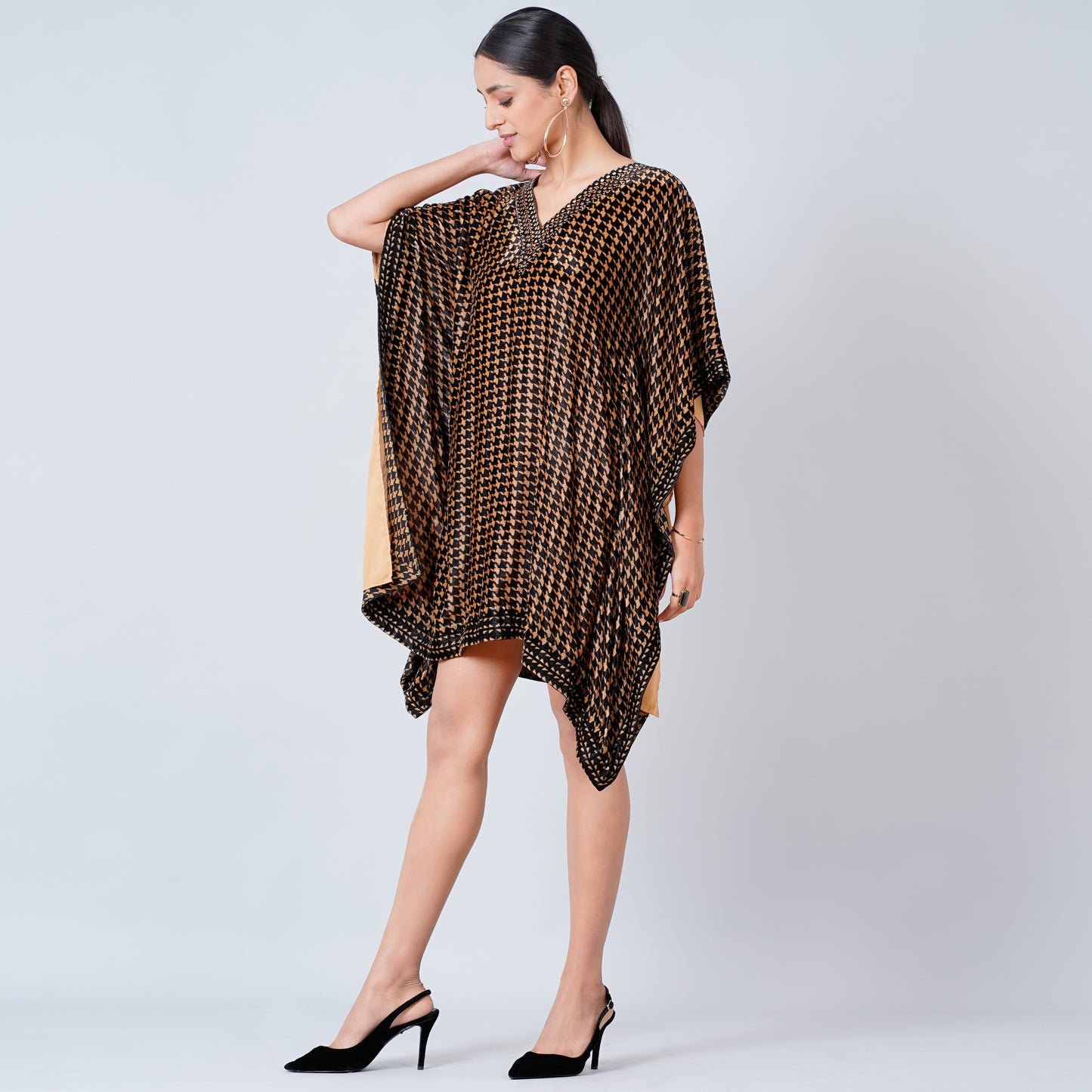 Beige Crystal Embellished Houndstooth Silk Velvet Tunic