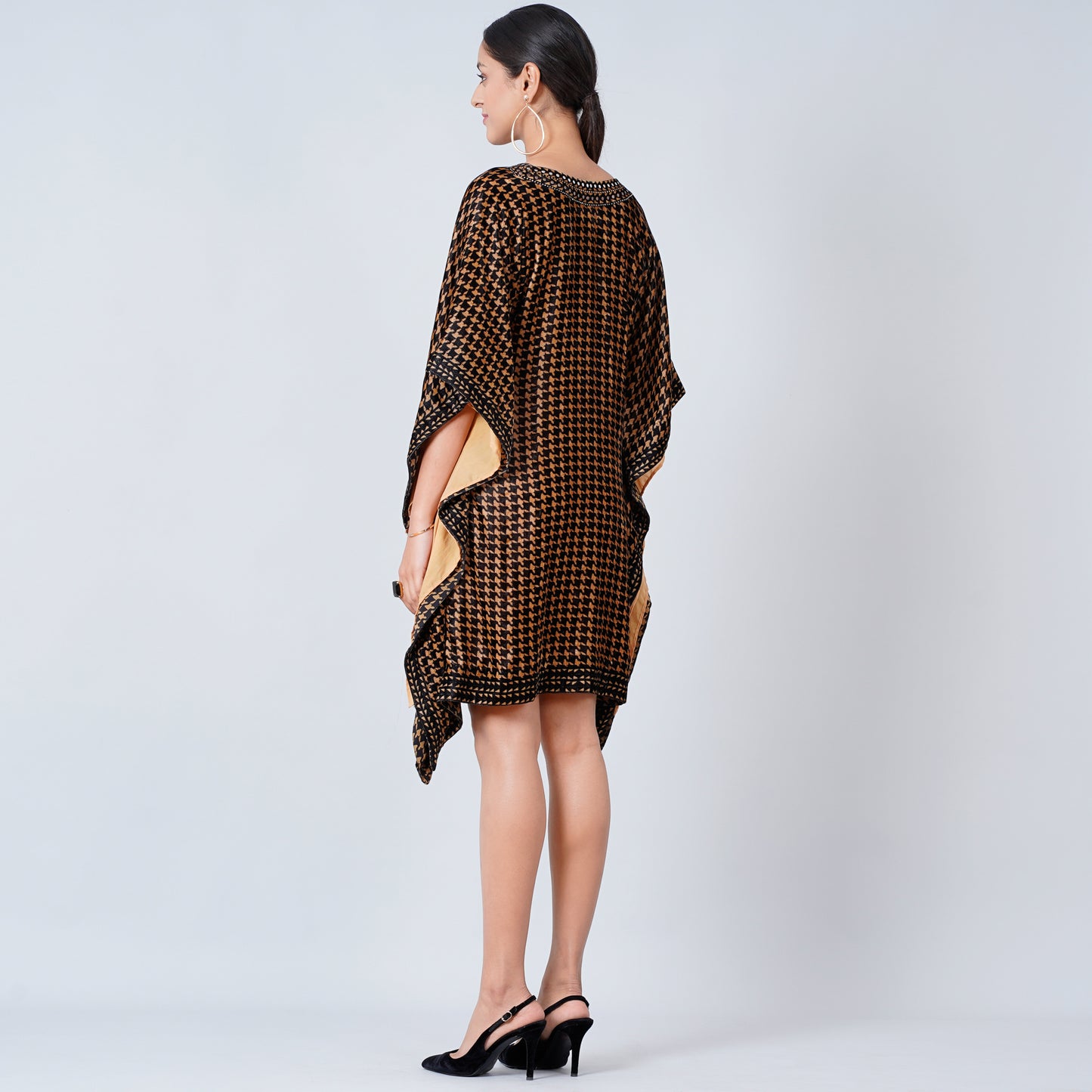 Beige Crystal Embellished Houndstooth Silk Velvet Tunic
