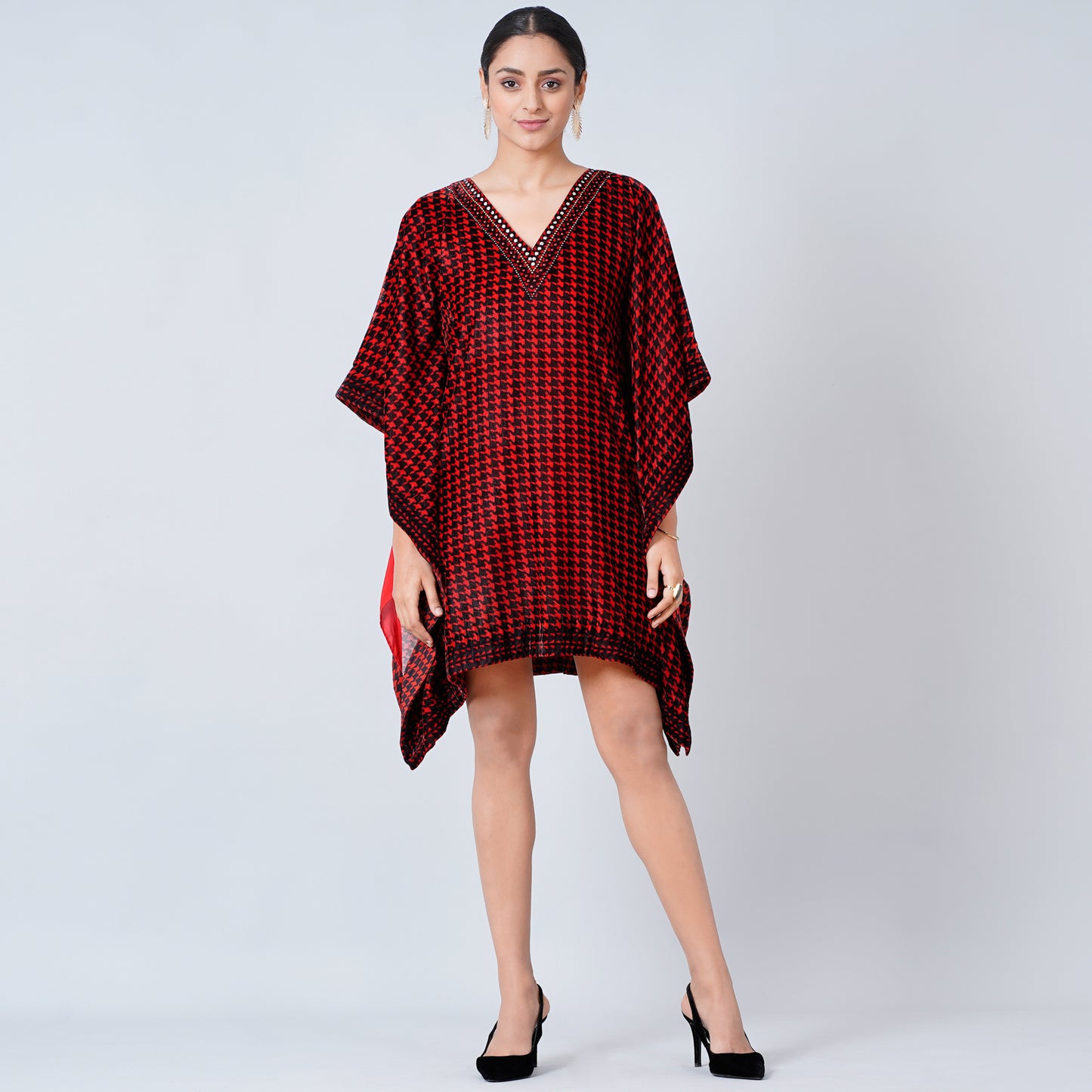 Red Crystal Embellished Houndstooth Silk Velvet Tunic