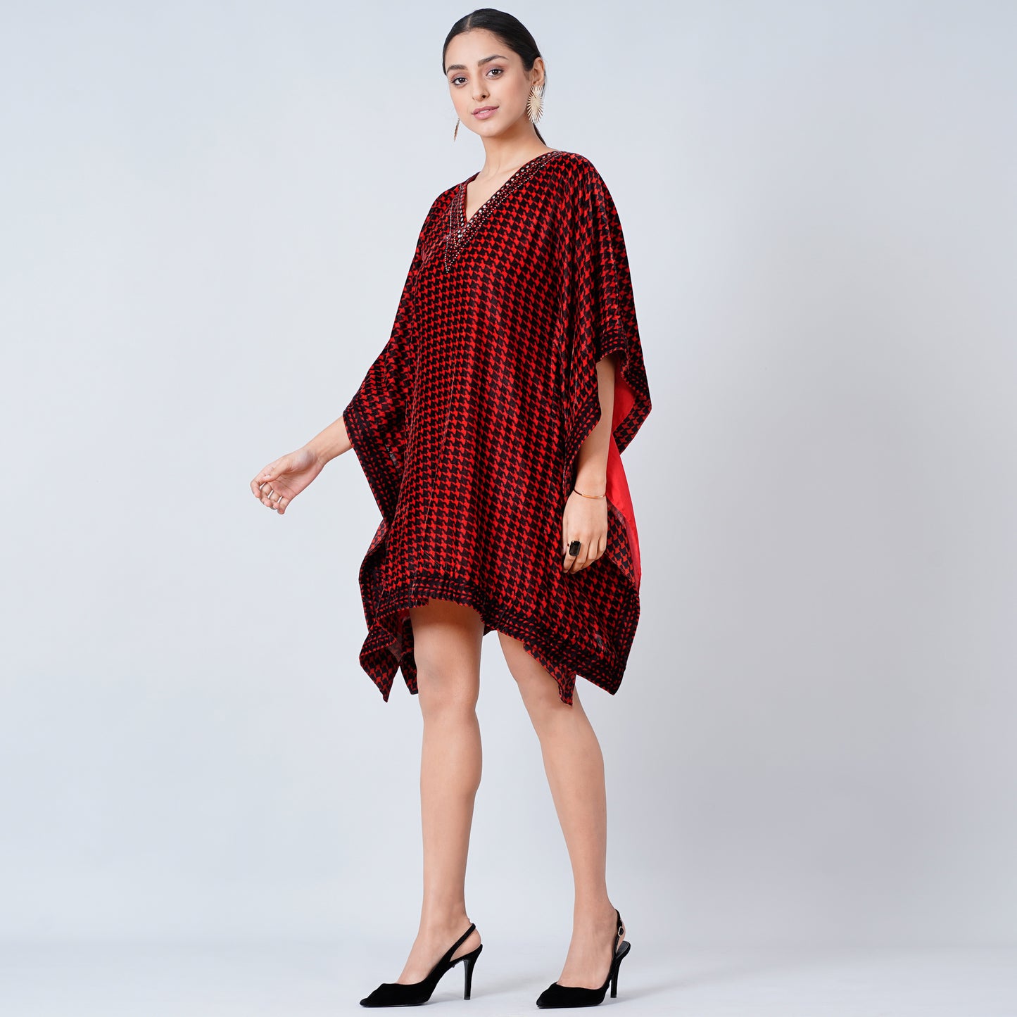 Red Crystal Embellished Houndstooth Silk Velvet Tunic