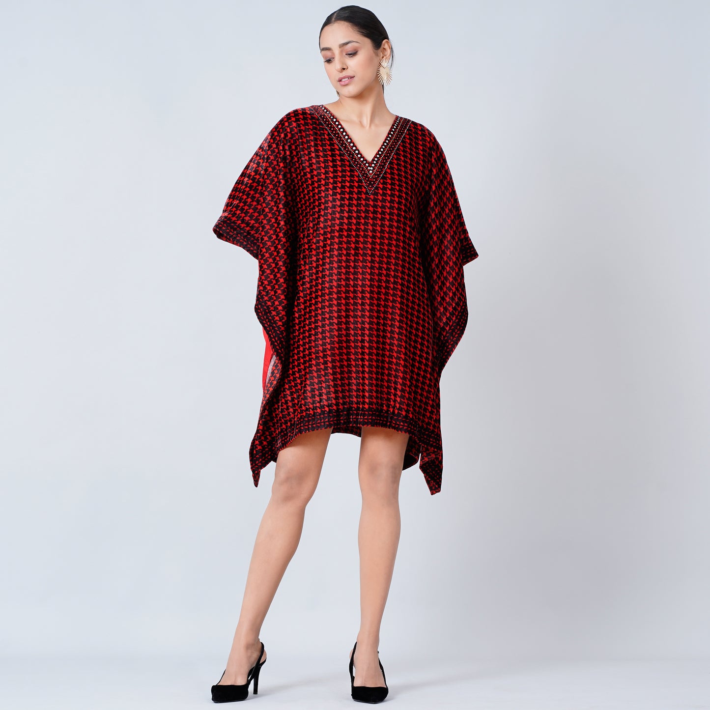 Red Crystal Embellished Houndstooth Silk Velvet Tunic