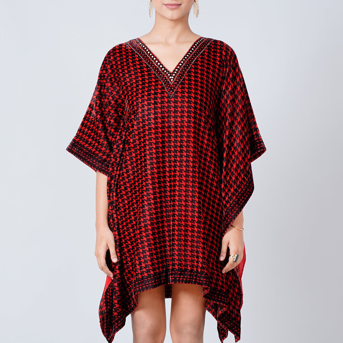 Red Crystal Embellished Houndstooth Silk Velvet Tunic