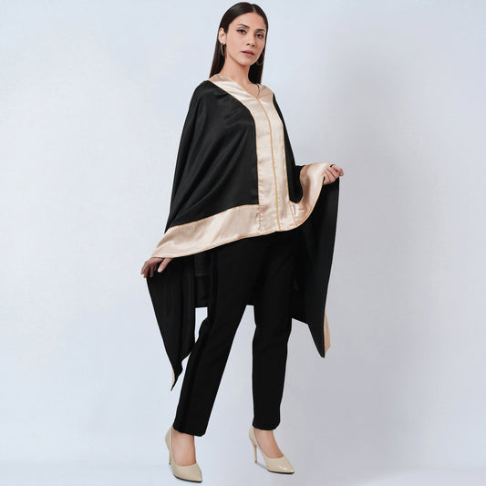 Black Satin Asymmetrical Tunic with Gold Border