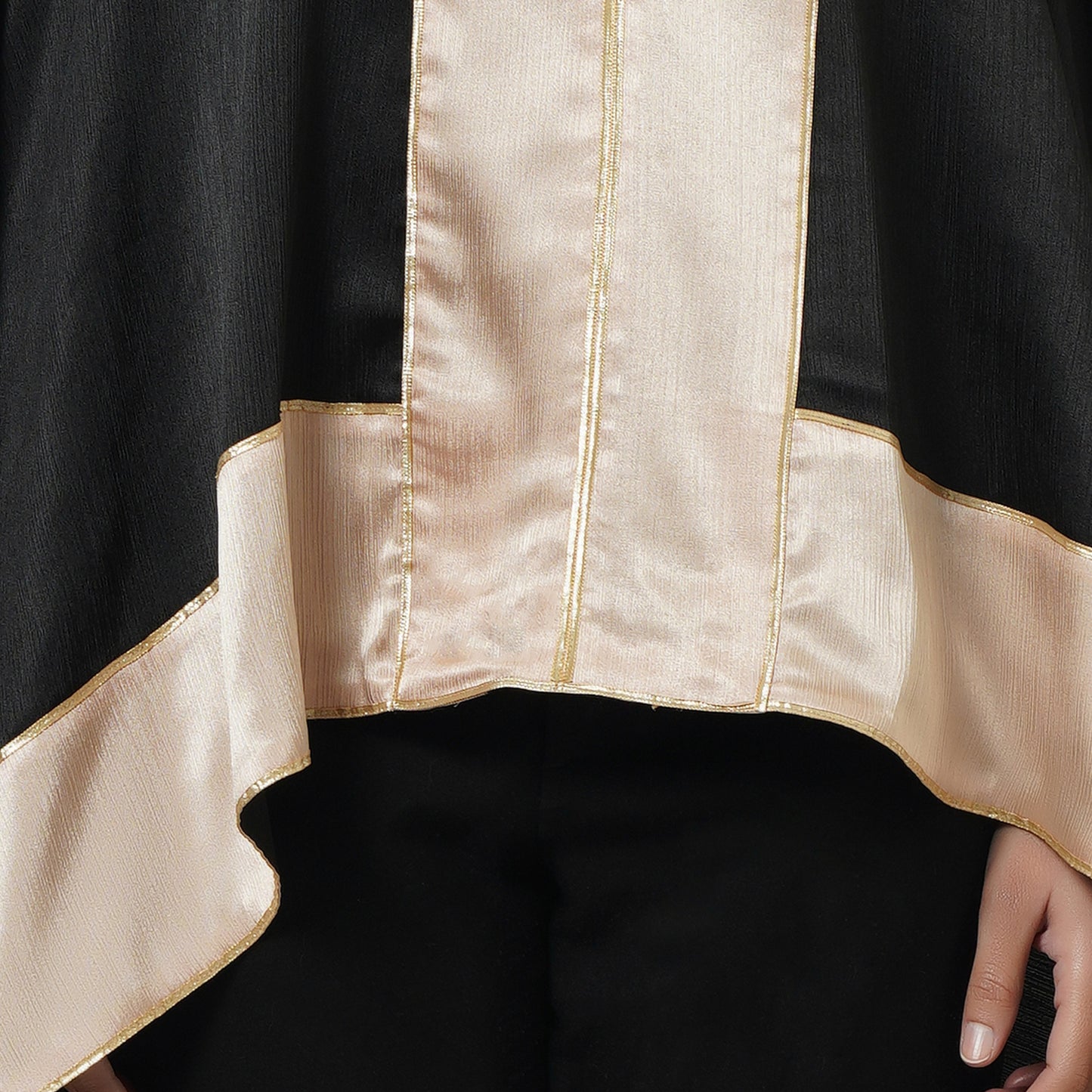 Black Satin Asymmetrical Tunic with Gold Border