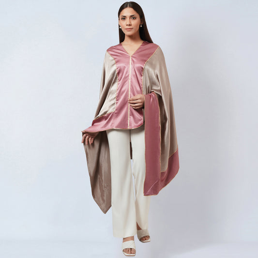 Ecru Satin Asymmetrical Tunic with Dusty Rose Border