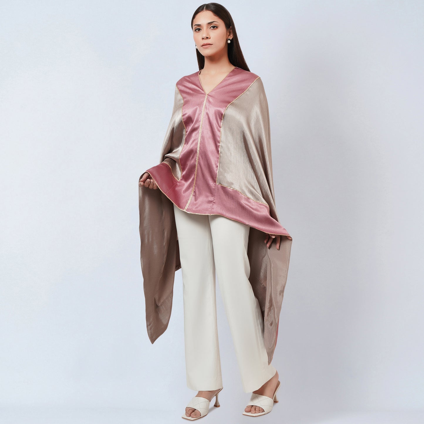 Ecru Satin Asymmetrical Tunic with Dusty Rose Border