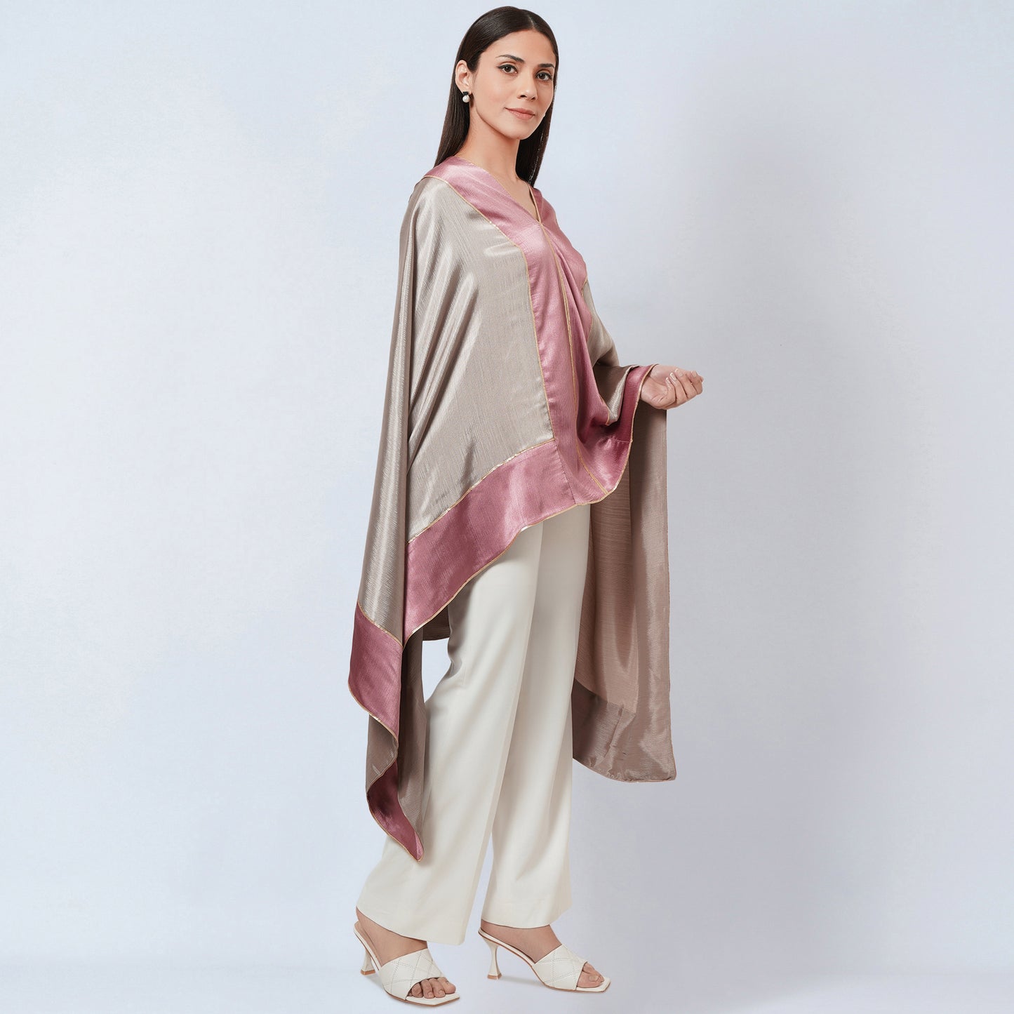 Ecru Satin Asymmetrical Tunic with Dusty Rose Border