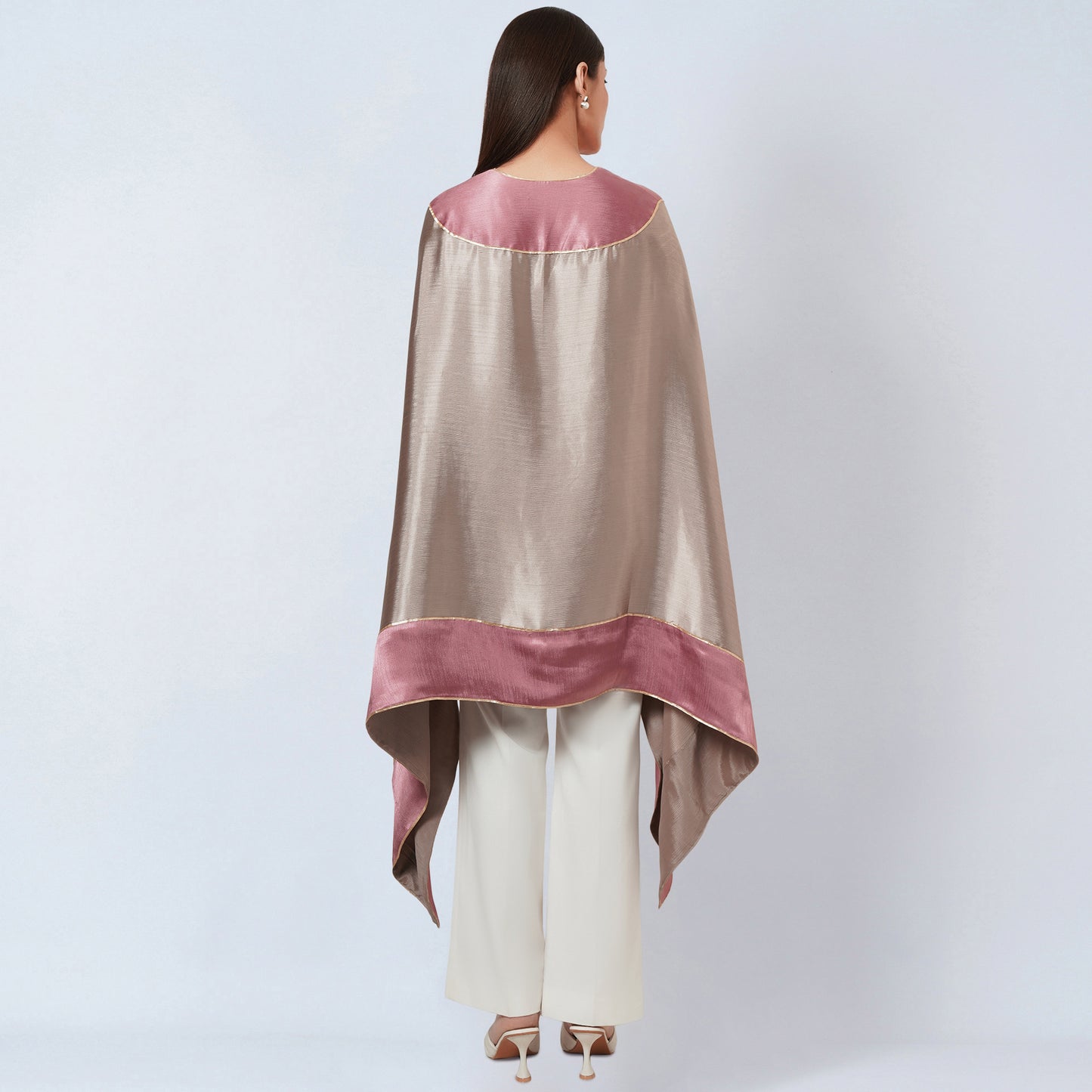 Ecru Satin Asymmetrical Tunic with Dusty Rose Border