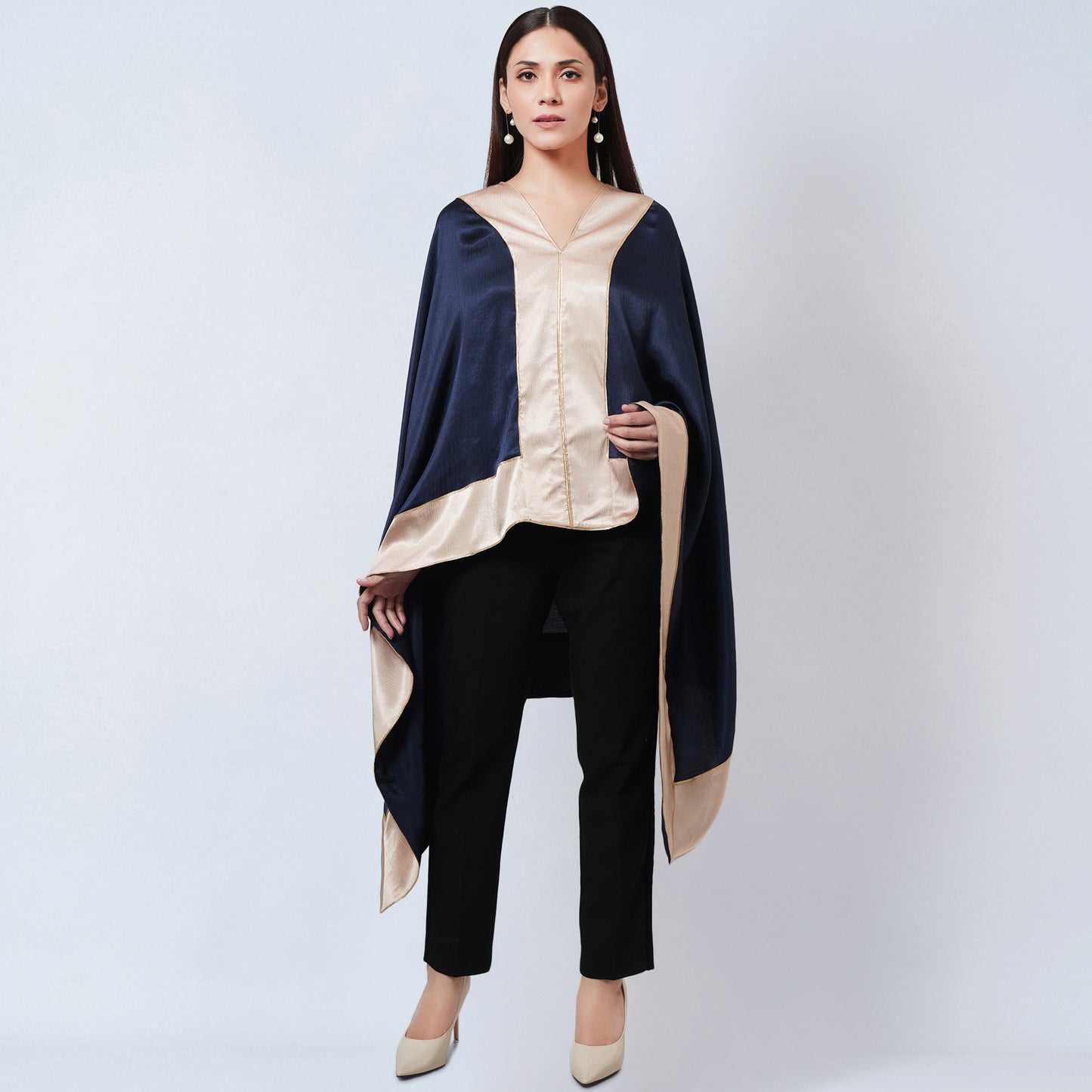 Midnight Blue Satin Asymmetrical Tunic with Gold Border