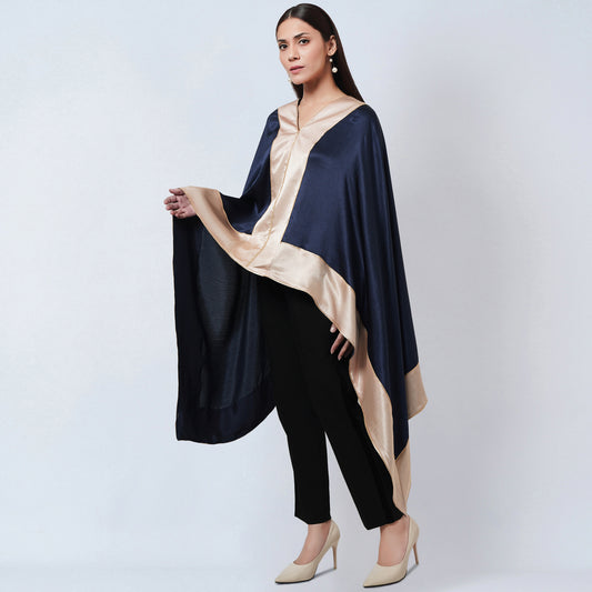 Midnight Blue Satin Asymmetrical Tunic with Gold Border