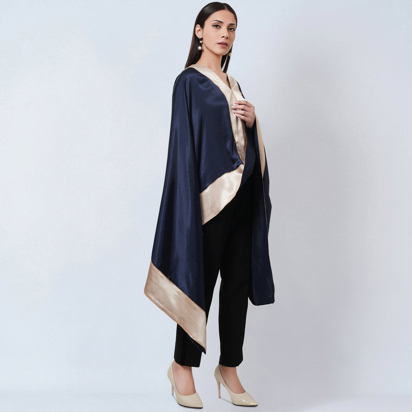 Midnight Blue Satin Asymmetrical Tunic with Gold Border