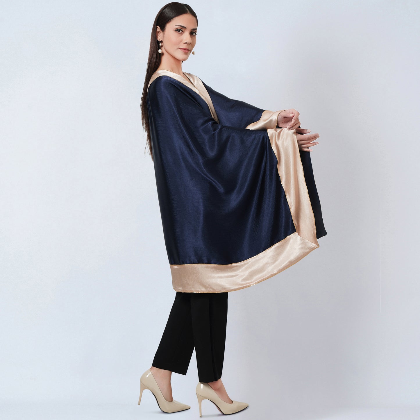 Midnight Blue Satin Asymmetrical Tunic with Gold Border