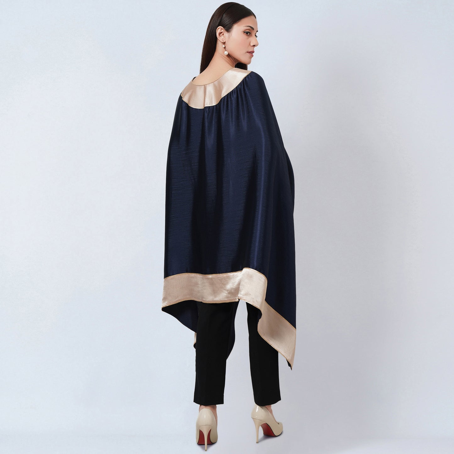 Midnight Blue Satin Asymmetrical Tunic with Gold Border