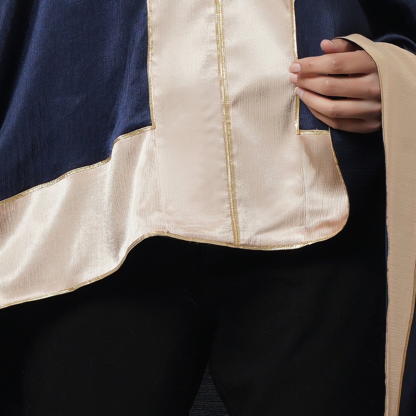 Midnight Blue Satin Asymmetrical Tunic with Gold Border