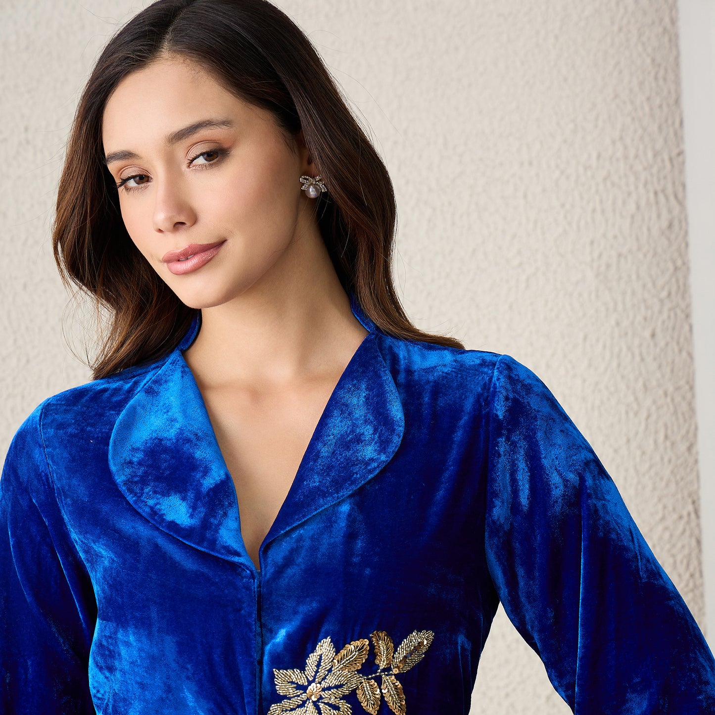 Royal Blue Front Floral Hand Embroidered Jacket