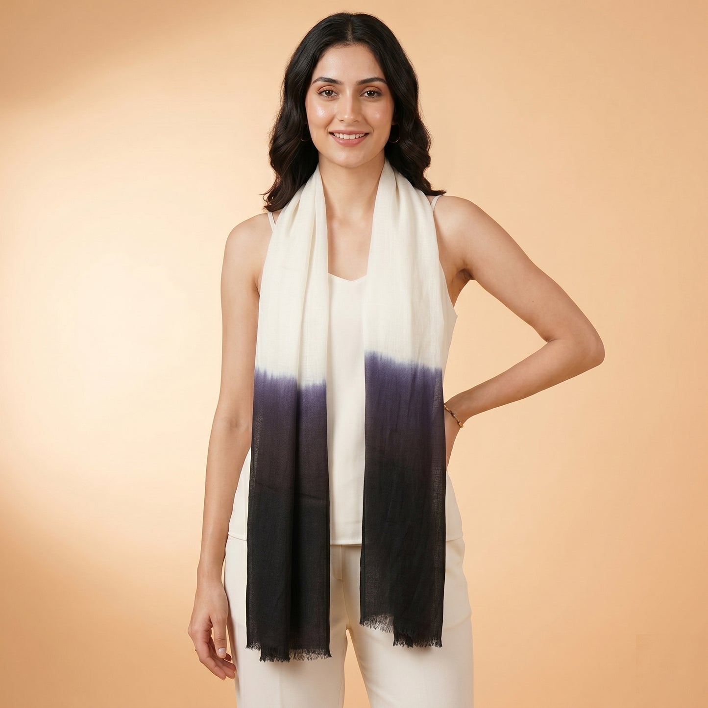 White And Navy Blue Tie And Dye Colour Block Print Scarf for Women – Cashmere Silk | First Resort by Ramola Bachchan