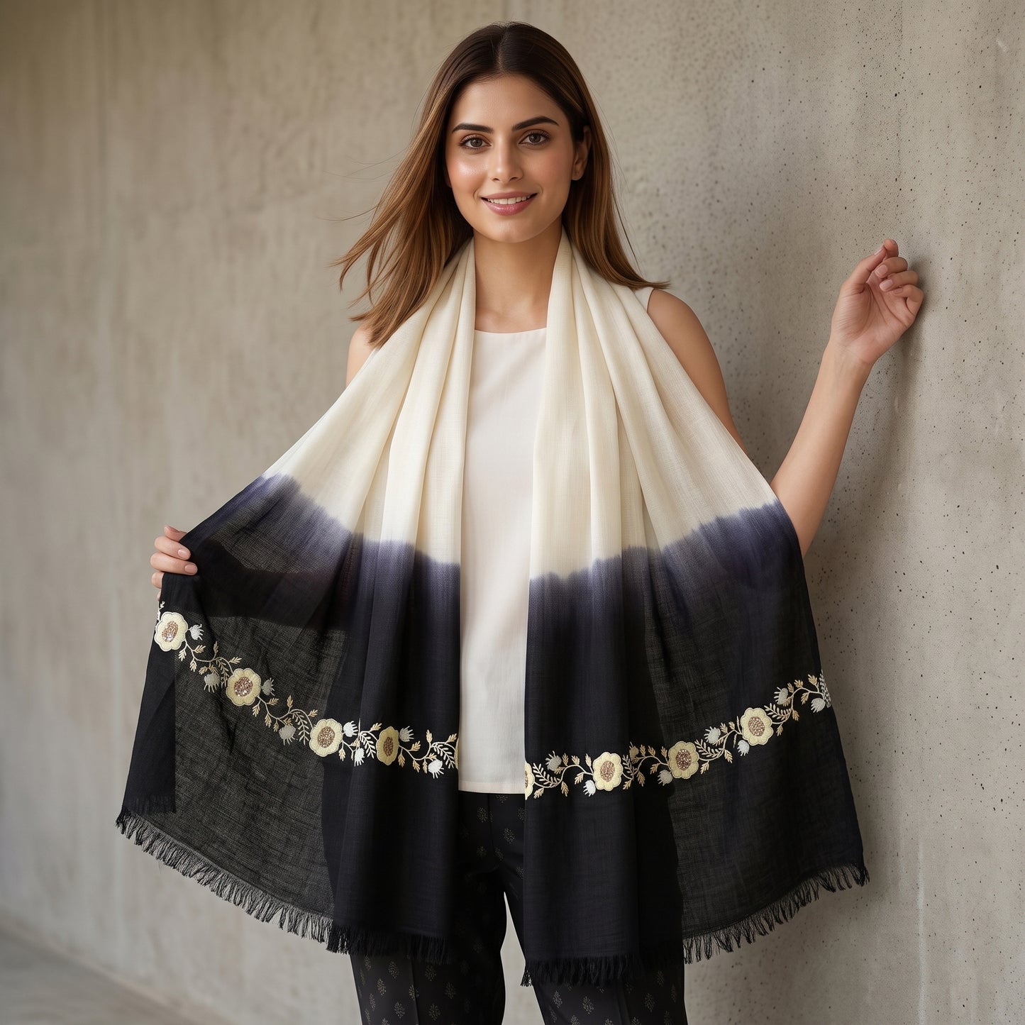 White And Navy Blue Tie And Dye Colour Block Print Scarf for Women – Embroidered | First Resort by Ramola Bachchan