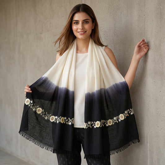 White and Navy Blue Hand Embroidered Colour Block Scarf