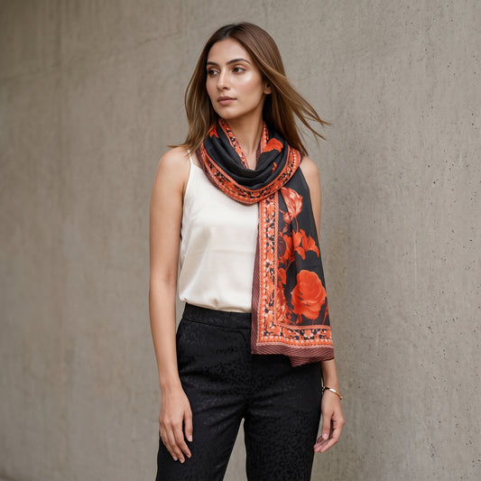 Black And Red Floral Print Stole for Women – Silk Crepe | First Resort by Ramola Bachchan