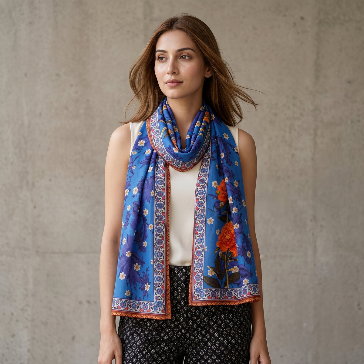 Blue Floral Print Stole for Women – Silk Crepe | First Resort by Ramola Bachchan