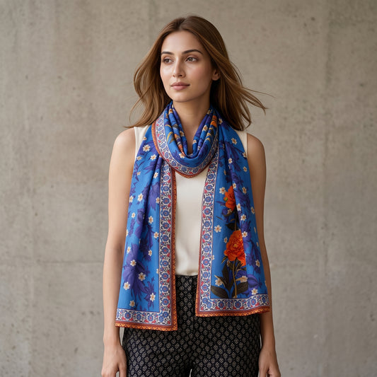 Blue Floral Print Stole for Women – Silk Crepe | First Resort by Ramola Bachchan