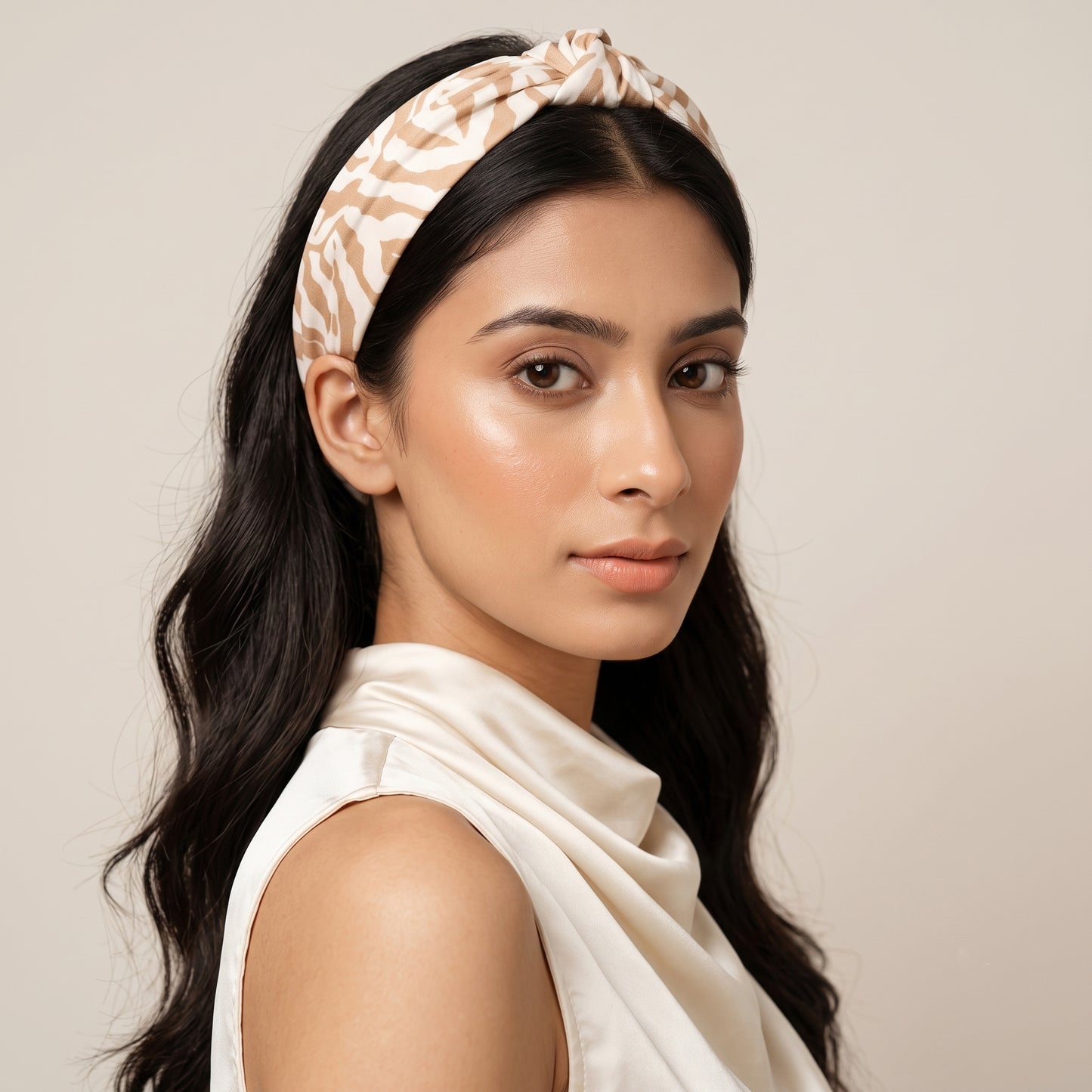White And Caramel Brown Zebra Print Headwear for Women – Polyester Satin | First Resort by Ramola Bachchan
