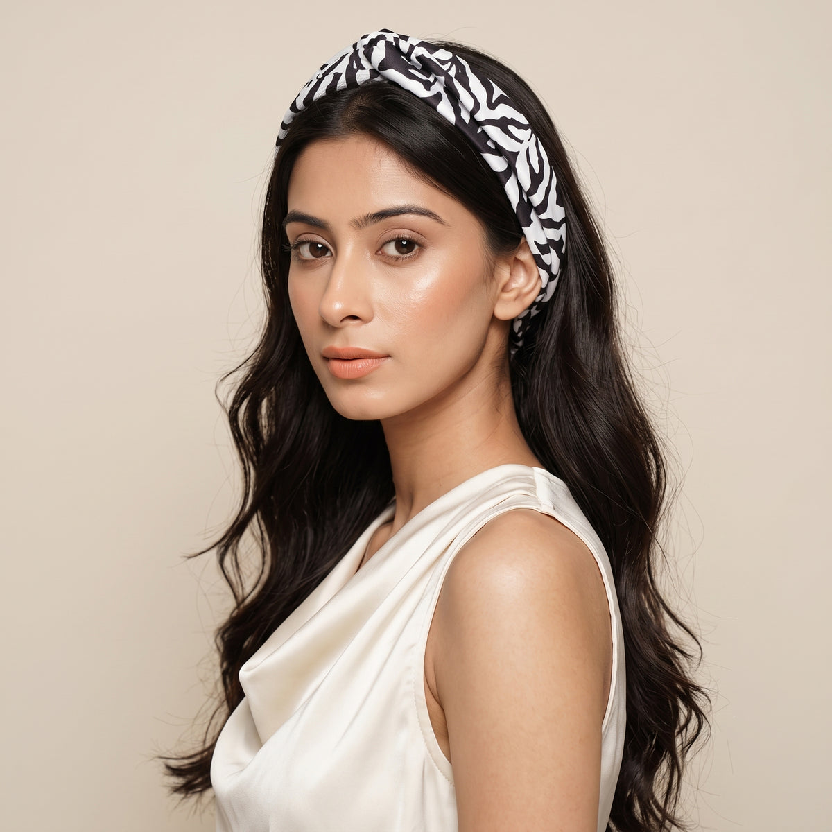 White And Grey Zebra Print Headwear for Women – Polyester Satin | First Resort by Ramola Bachchan
