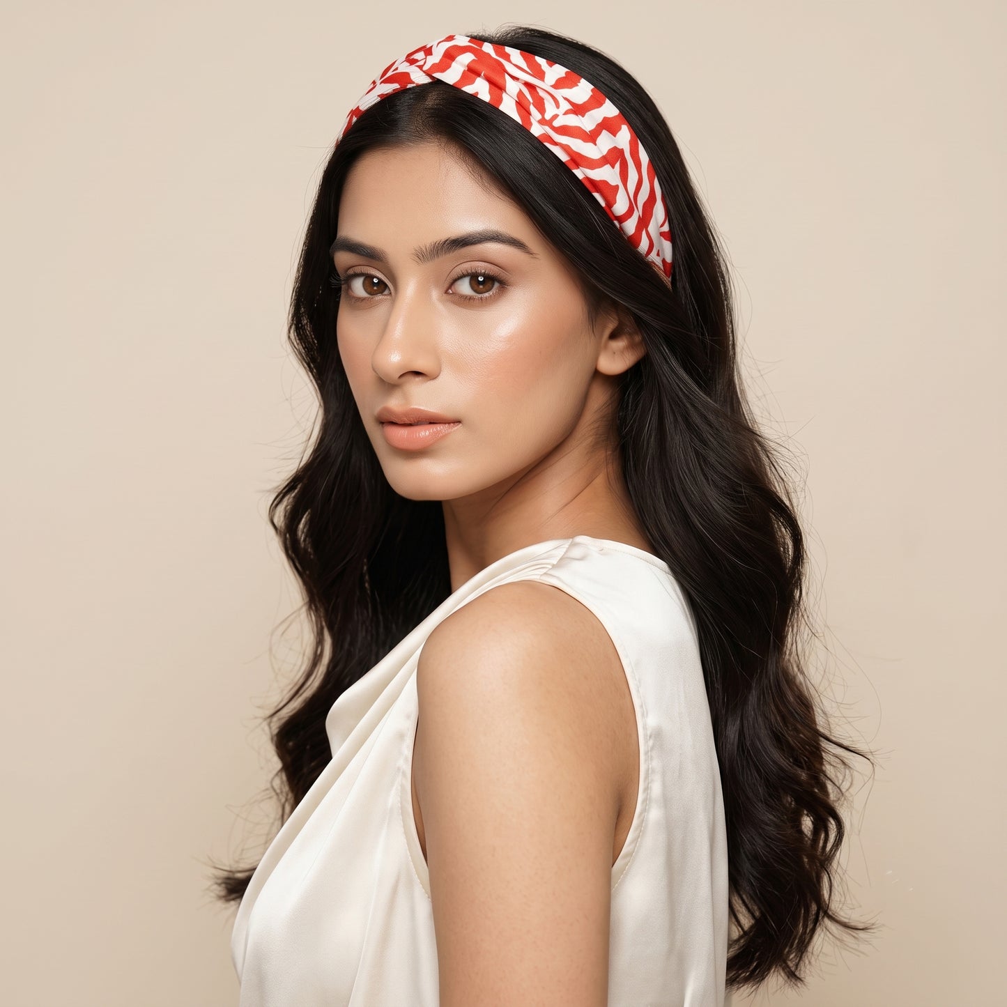 White And Red Zebra Print Headwear for Women – Polyester Satin | First Resort by Ramola Bachchan