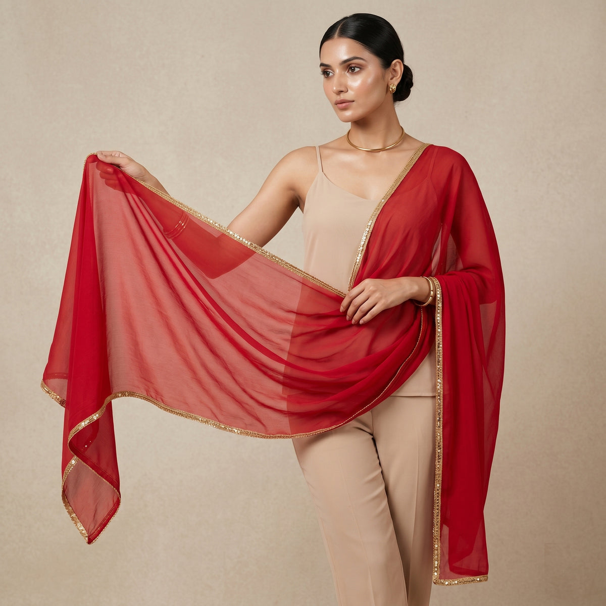 Red Dupatta for Women – Viscose Georgette | First Resort by Ramola Bachchan