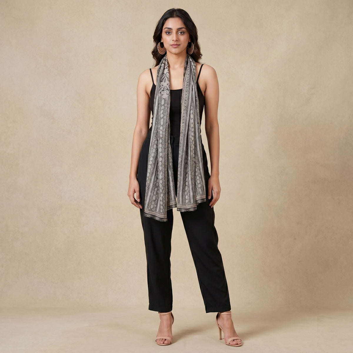 Charcoal Grey Animal Print Stole for Women – Viscose Georgette | First Resort by Ramola Bachchan