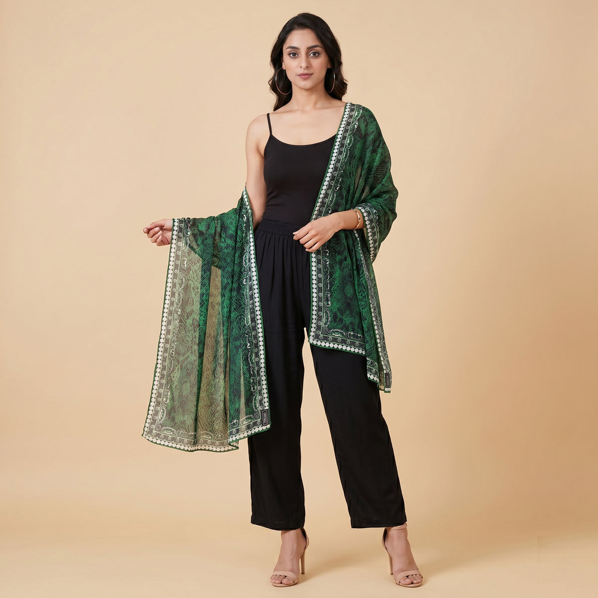 Dark Green Animal Print Stole for Women – Viscose Georgette | First Resort by Ramola Bachchan