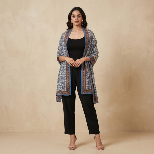 Blue Animal Print Stole for Women – Polyester Georgette | First Resort by Ramola Bachchan