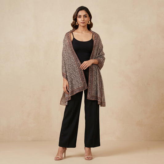 Brown Animal Print Stole for Women – Polyester Georgette | First Resort by Ramola Bachchan