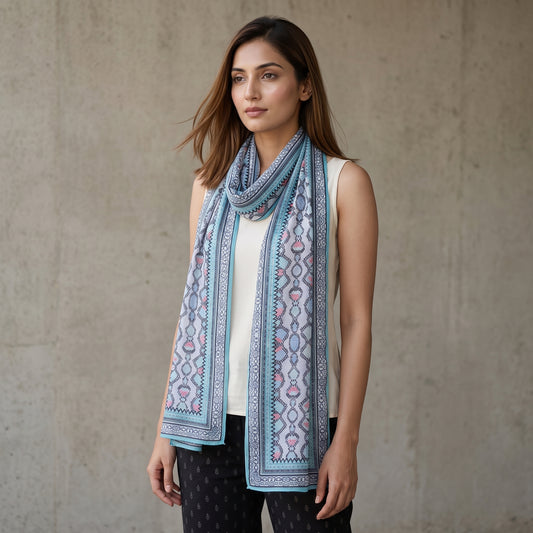 Blue Geometric Print Stole for Women – Polyester Georgette | First Resort by Ramola Bachchan