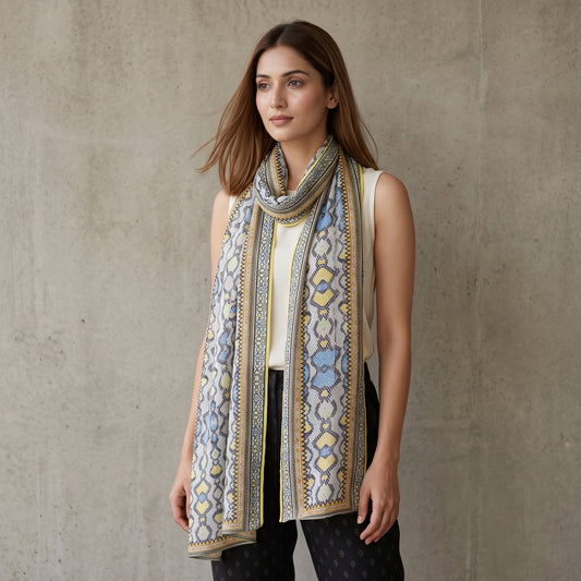 Yellow Geometric Print Stole for Women – Polyester Georgette | First Resort by Ramola Bachchan