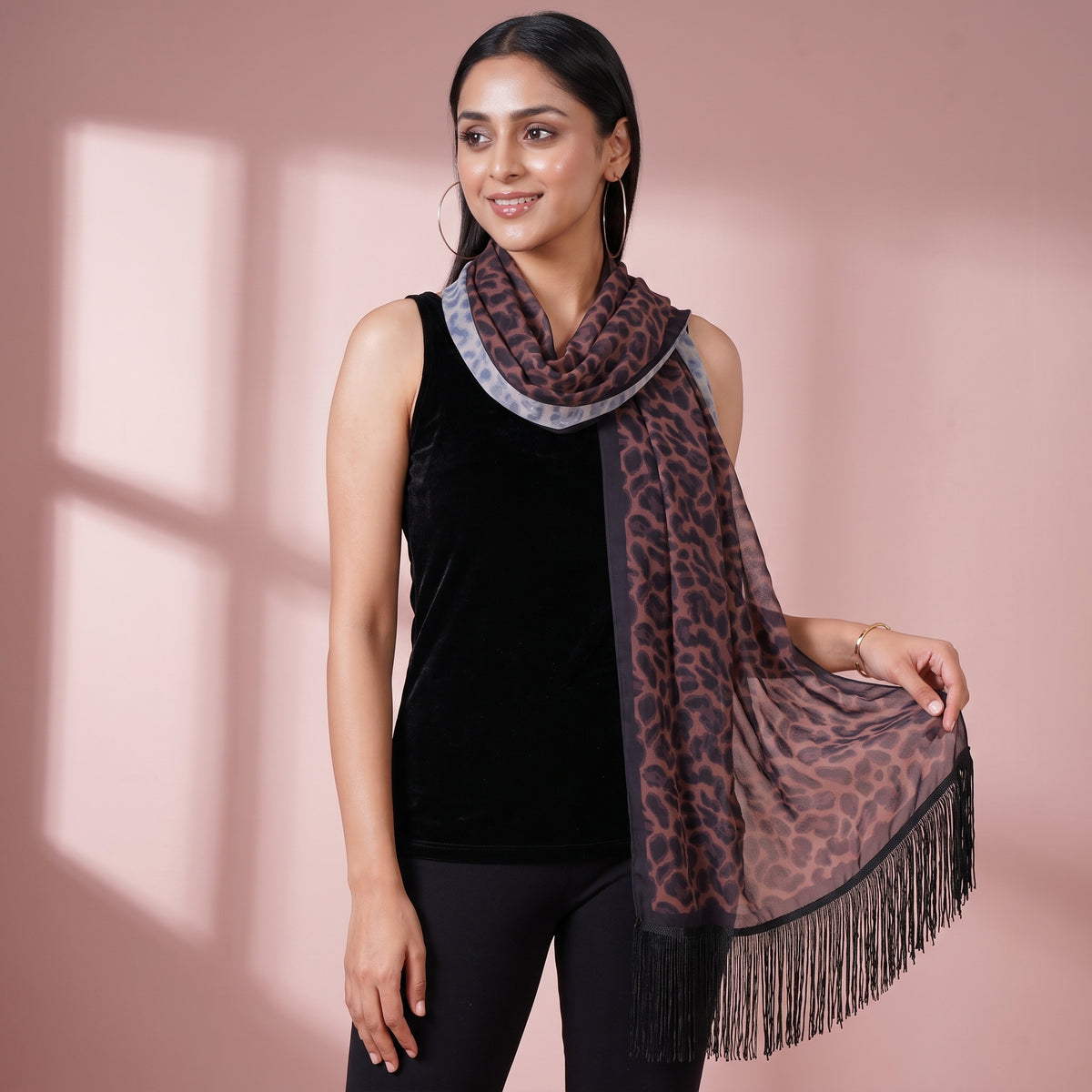 Brown Animal Print Stole for Women – Polyester Georgette | First Resort by Ramola Bachchan