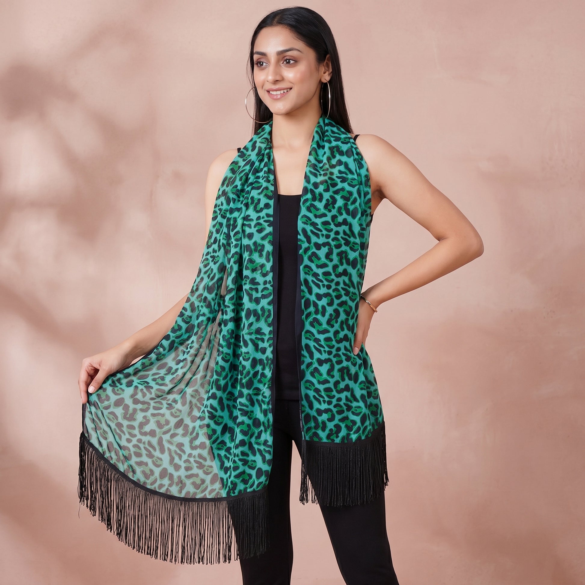 Green Animal Print Stole for Women – Polyester Georgette | First Resort by Ramola Bachchan