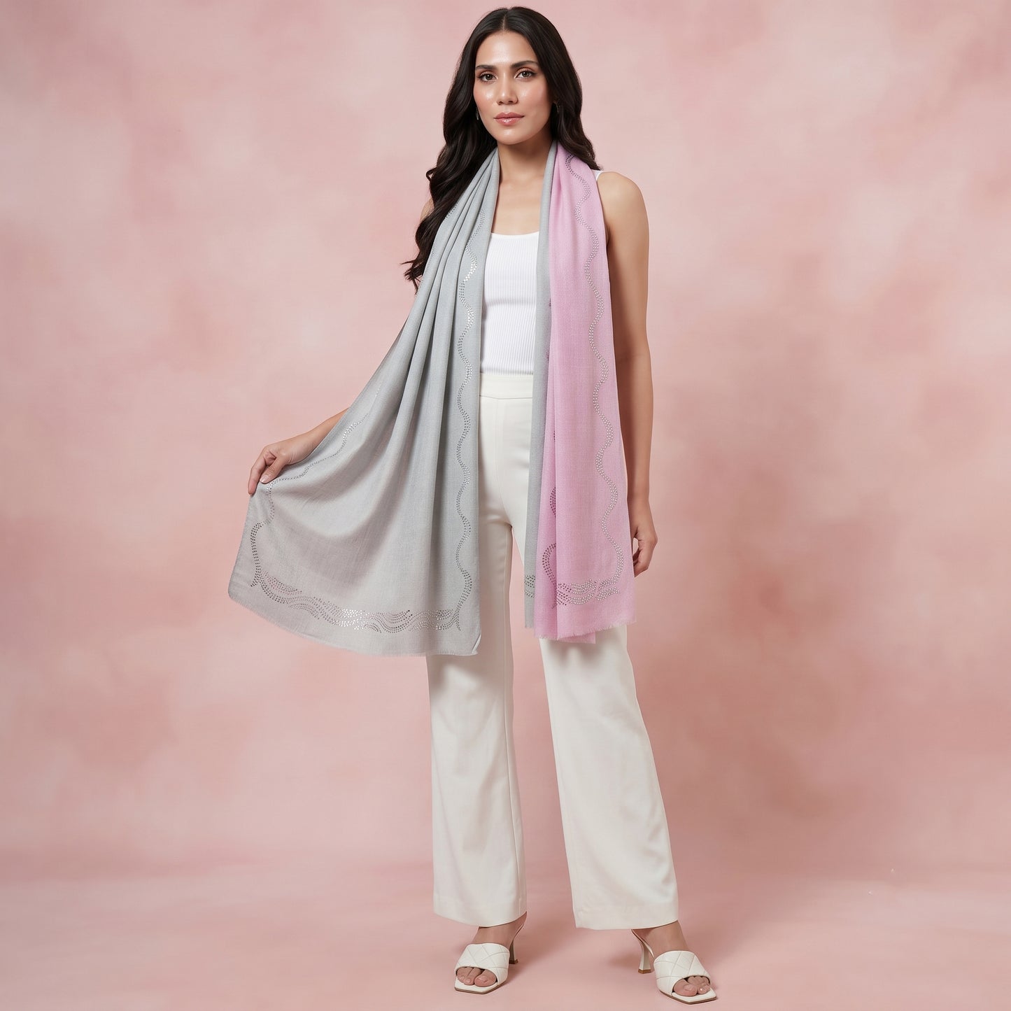 Pink And Grey Tie And Dye Stole for Women – Embellished | First Resort by Ramola Bachchan