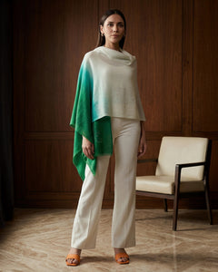 Cream and Sea Green Ombre Embellished Cashmere Stole