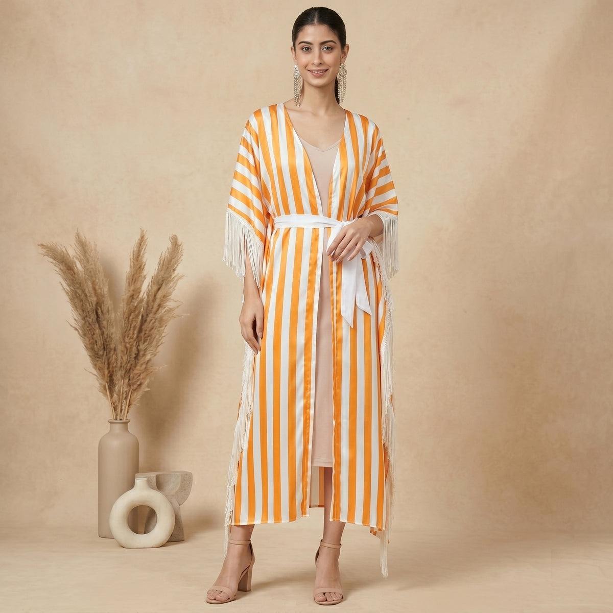 Orange Stripe Print Cover-Up for Women – Nylon Satin | First Resort by Ramola Bachchan