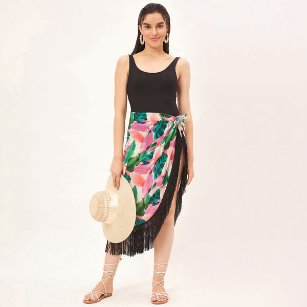 Pink And White Tropical Print Sarong for Women – Viscose Georgette | First Resort by Ramola Bachchan