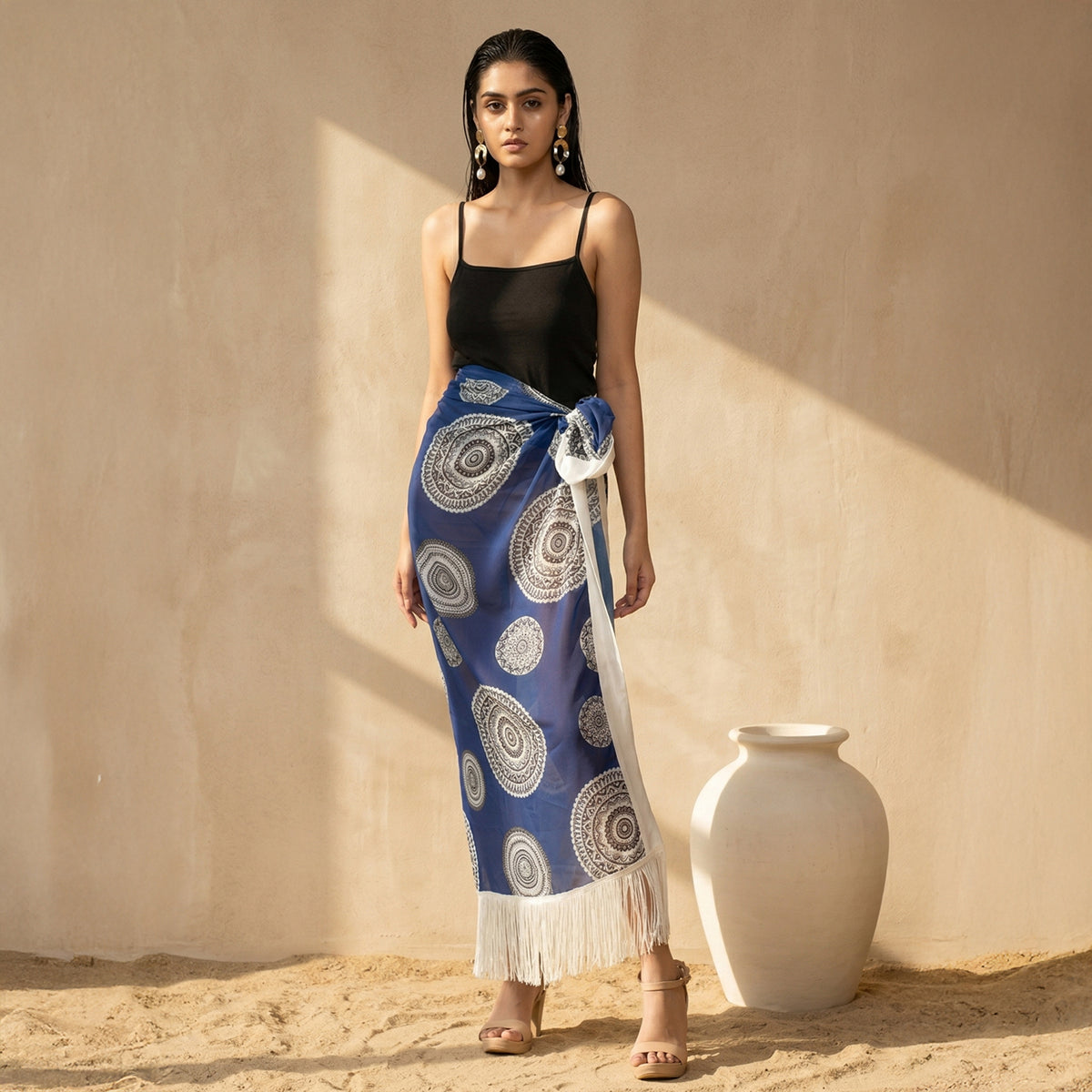 Blue Geometric Print Sarong for Women – Polyester Georgette | First Resort by Ramola Bachchan