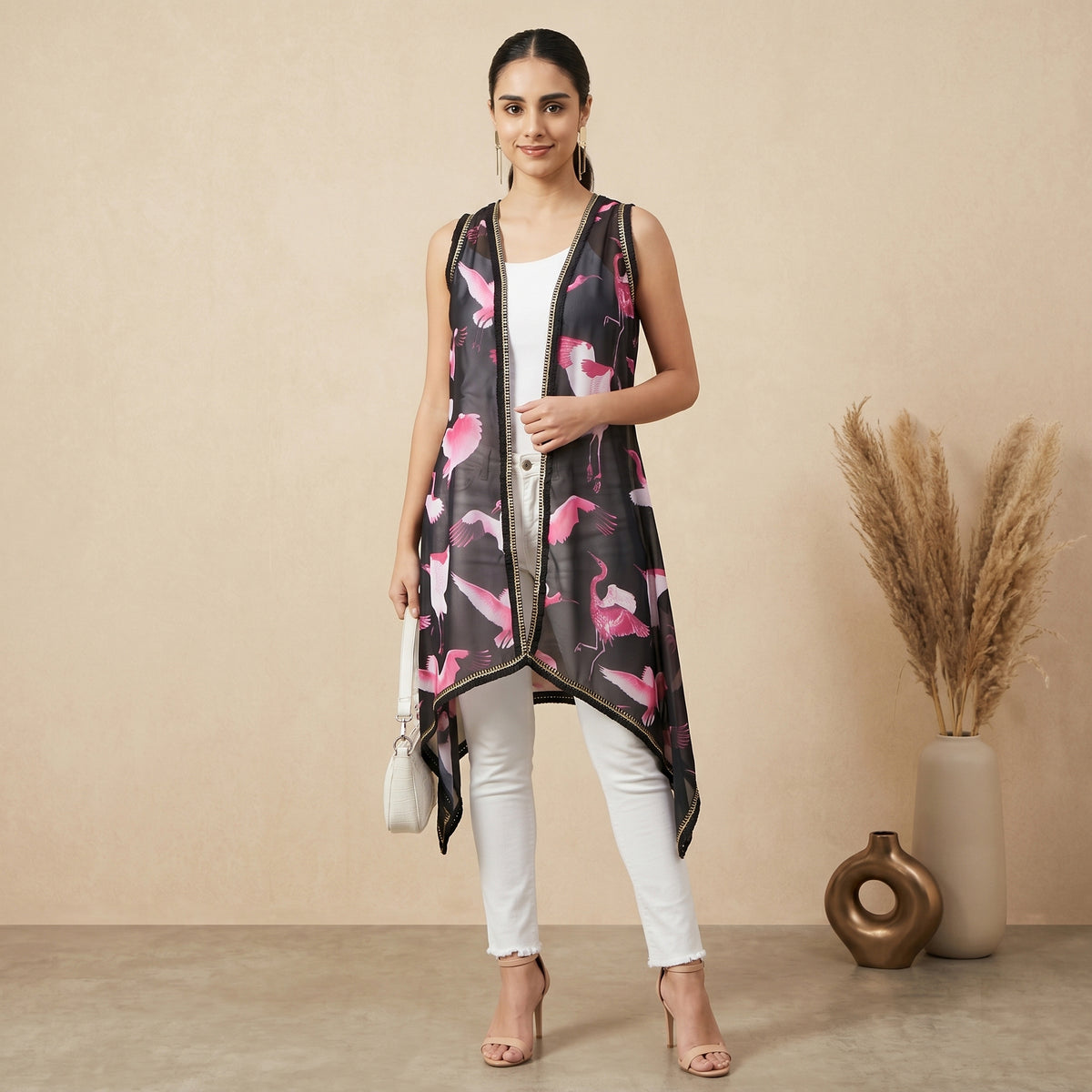Black Flamingo Print Cover-Up for Women – Polyester Georgette | First Resort by Ramola Bachchan