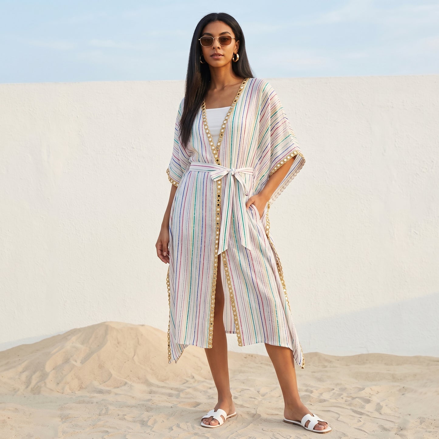 White Solid Colour With Multicolour Lurex Cover-Up for Women – Lurex Georgette | First Resort by Ramola Bachchan