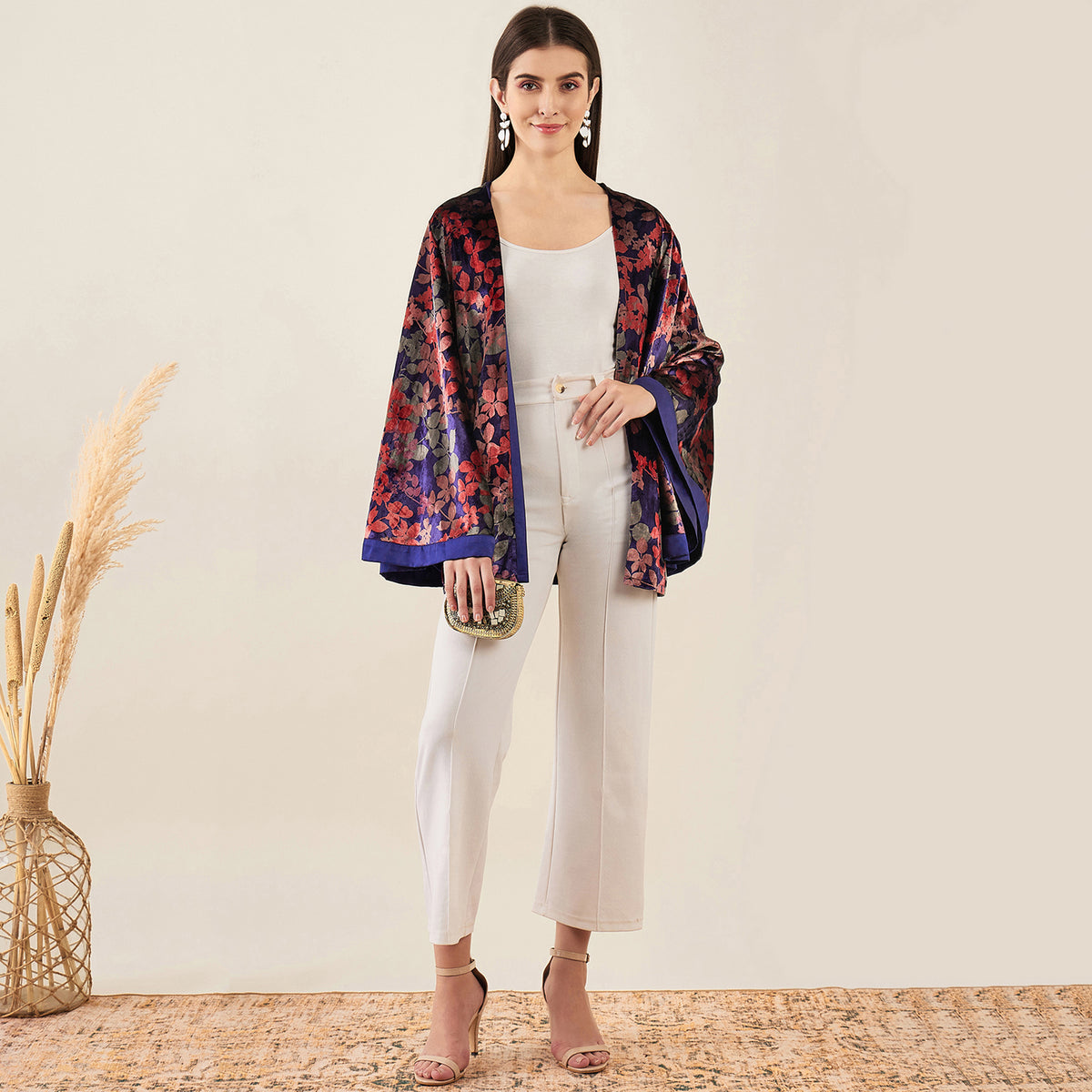Blue And Rose Gold Floral Print Cover-Up for Women – Velvet | First Resort by Ramola Bachchan