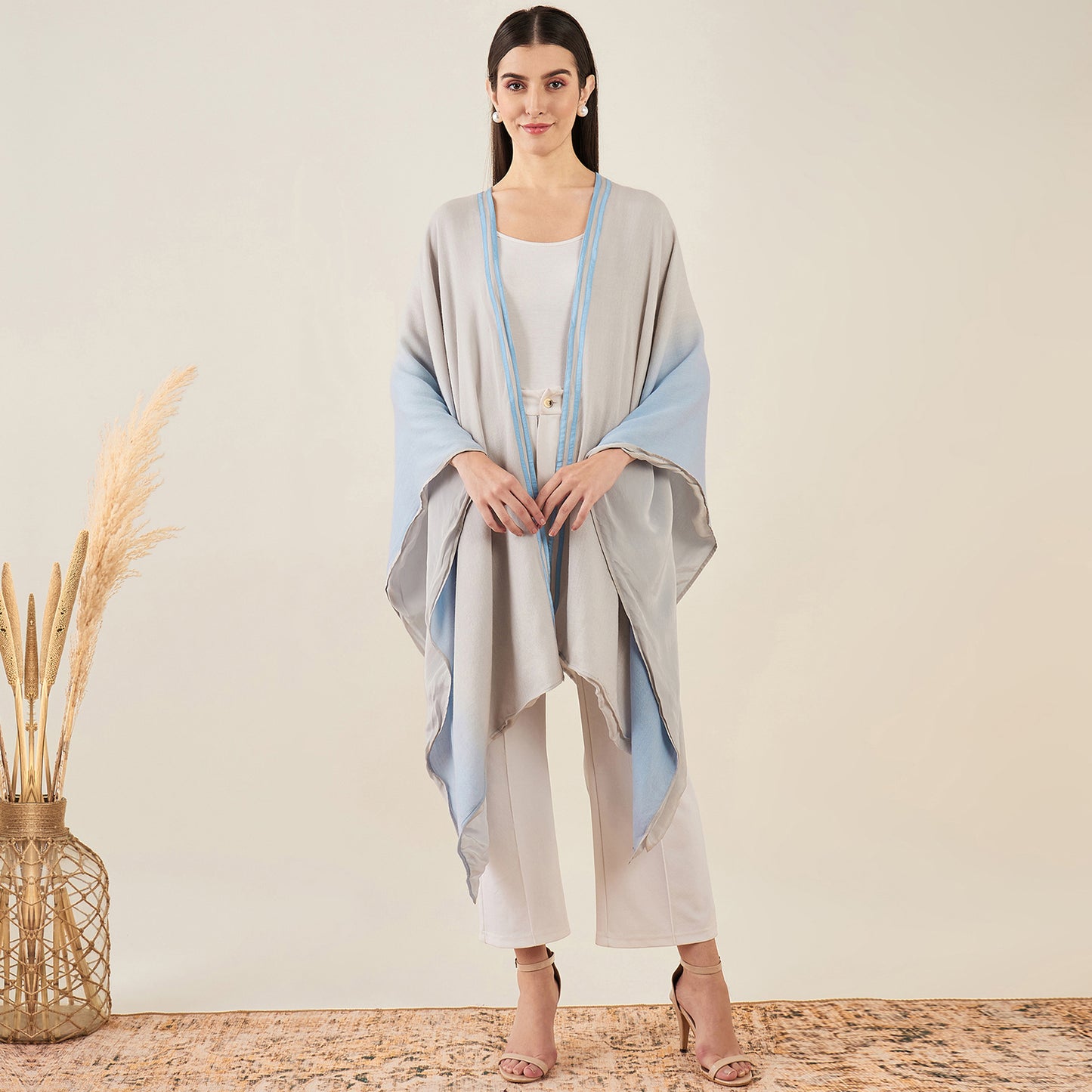 Grey and Sky Blue Ombre Cashmere Cape