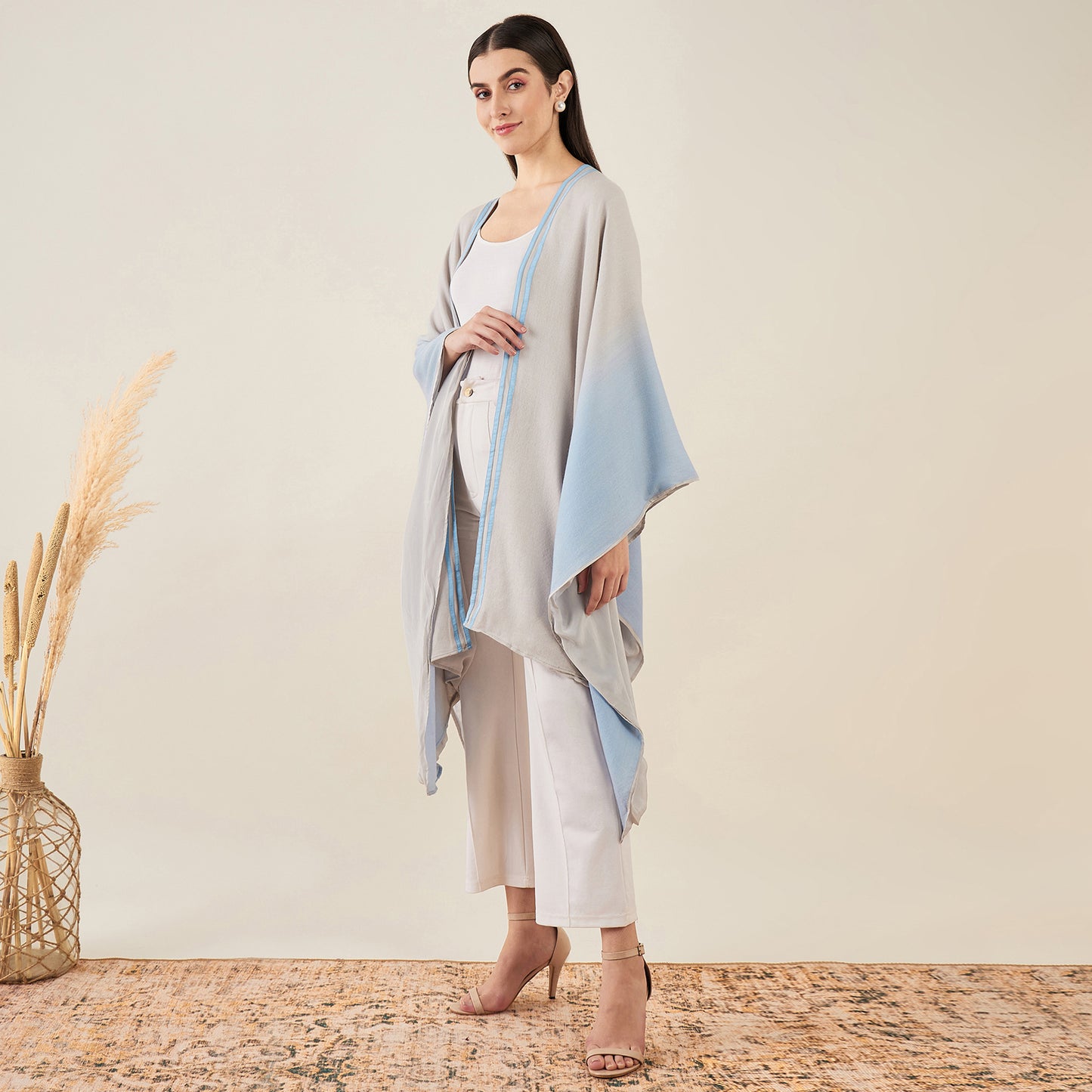 Grey and Sky Blue Ombre Cashmere Cape