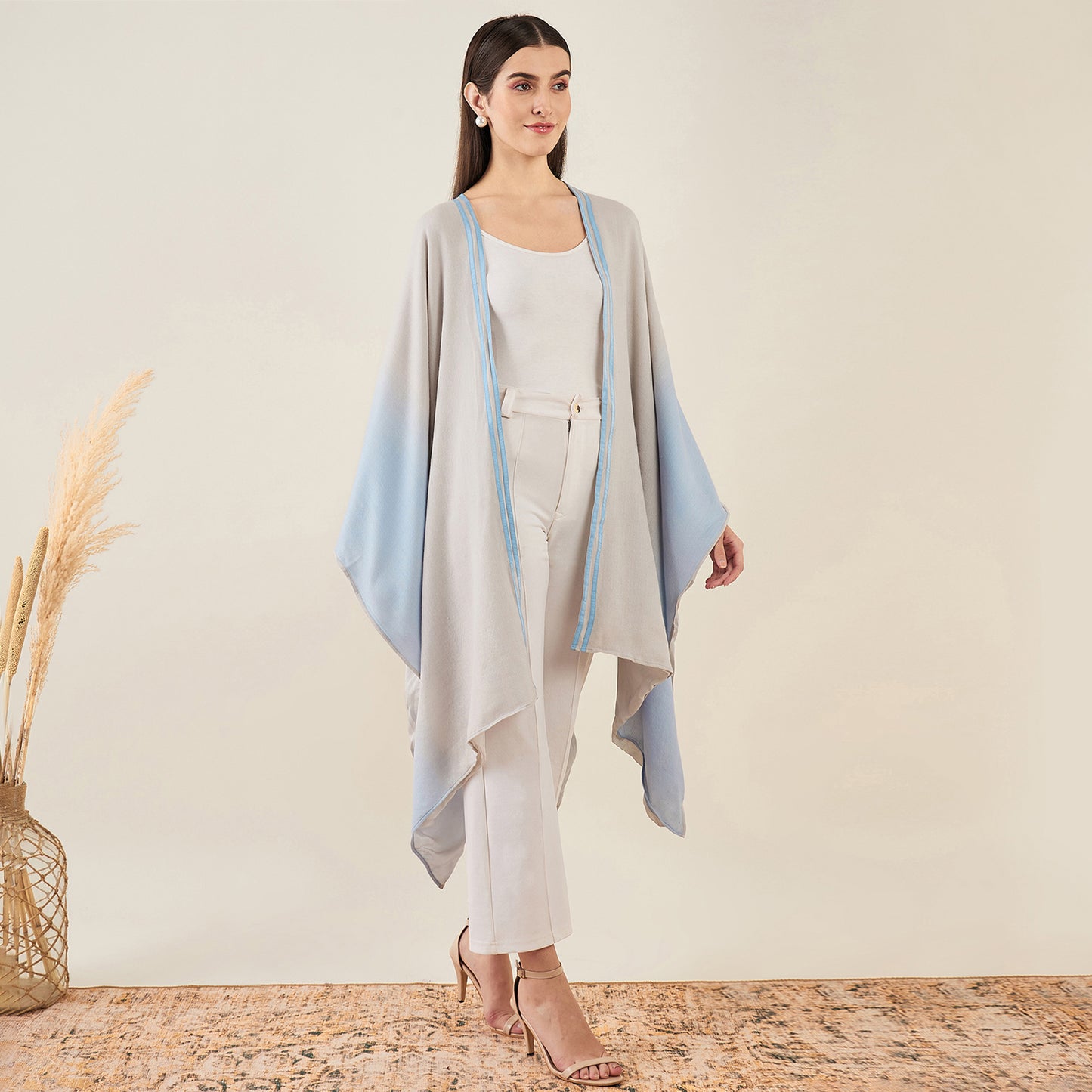 Grey and Sky Blue Ombre Cashmere Cape