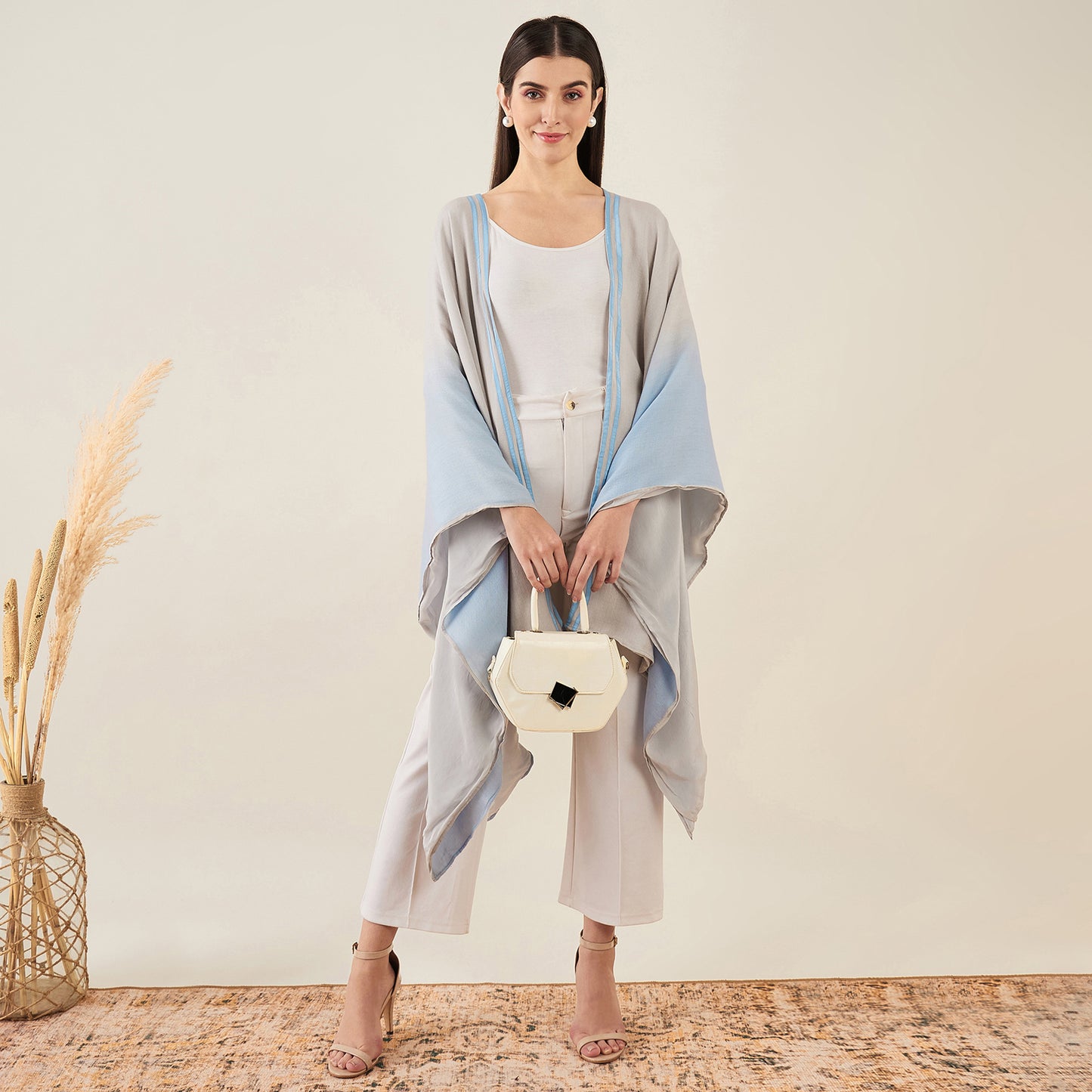 Grey and Sky Blue Ombre Cashmere Cape