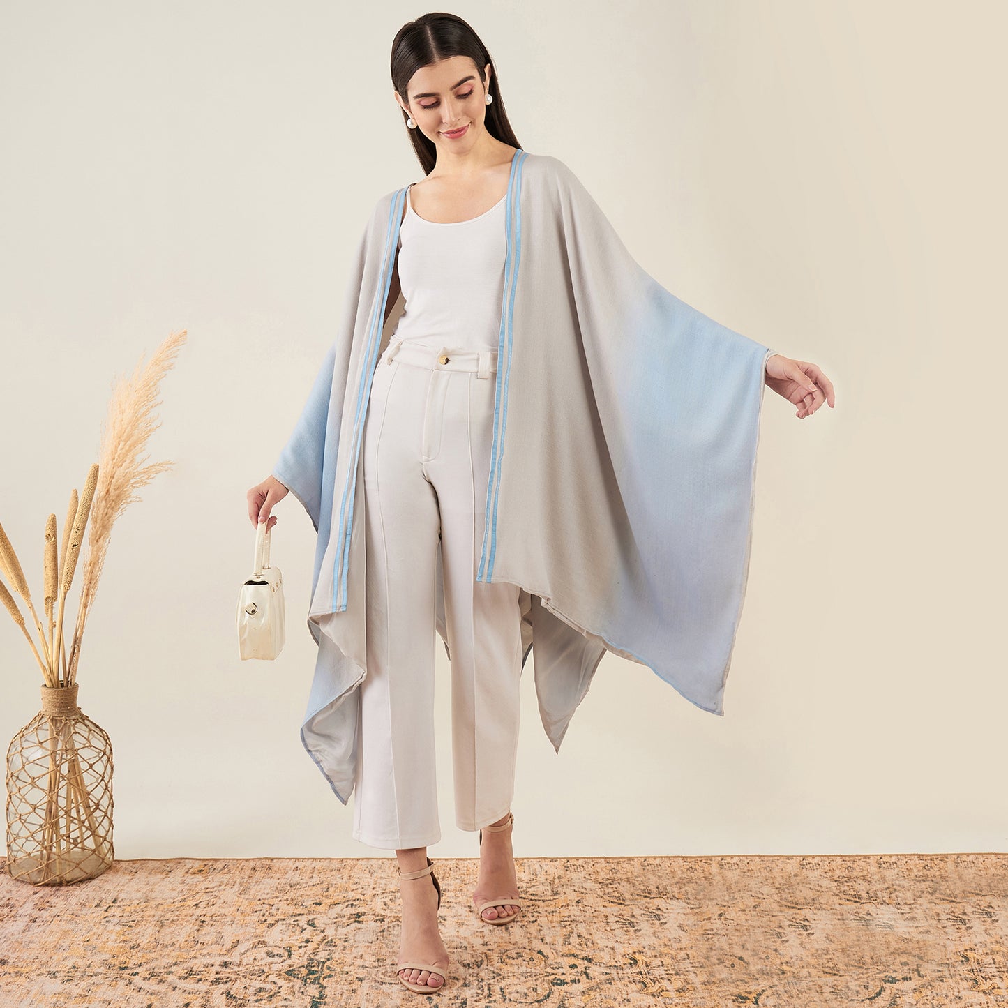 Grey and Sky Blue Ombre Cashmere Cape